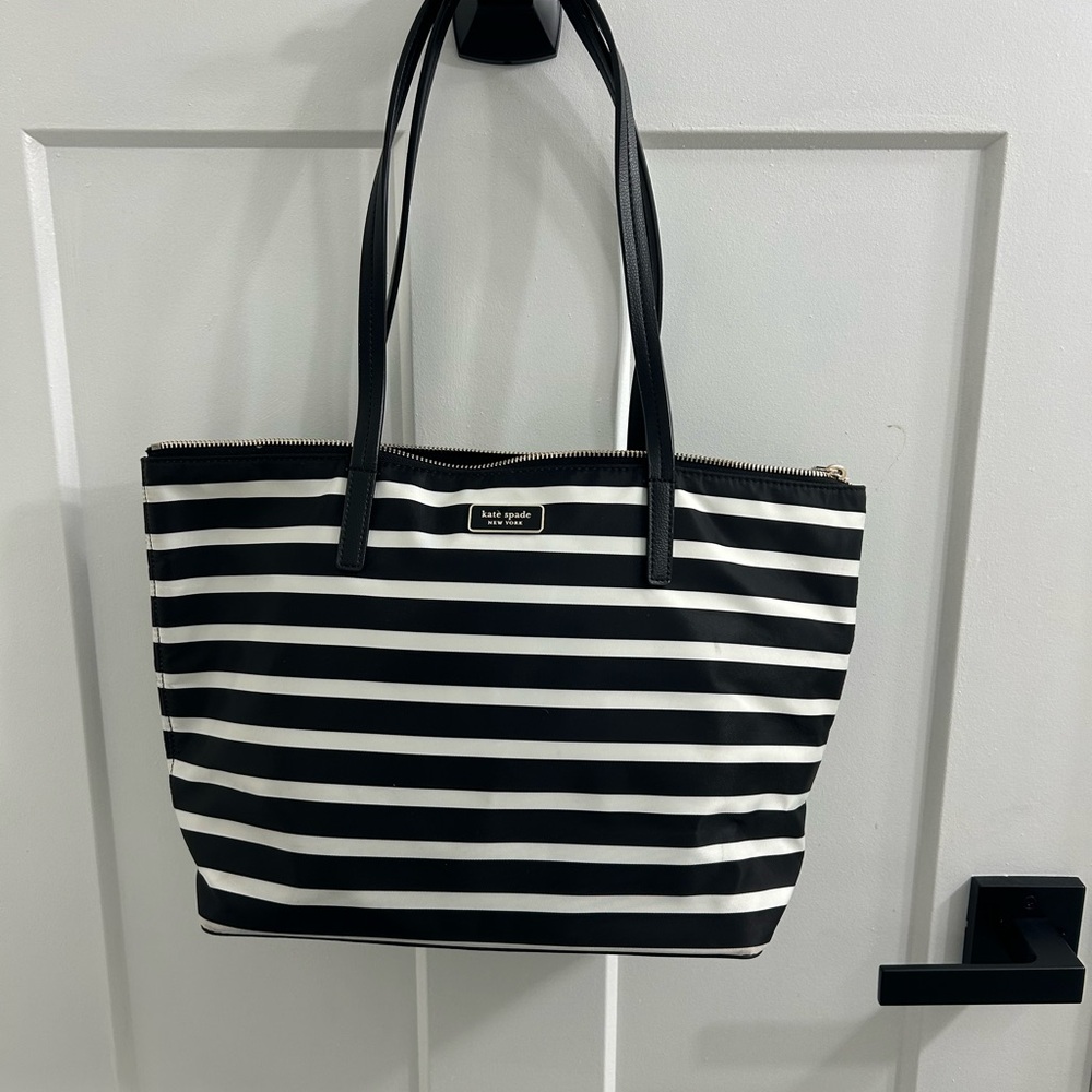 Kate Spade Black and White Striped Tote Nylon Bag